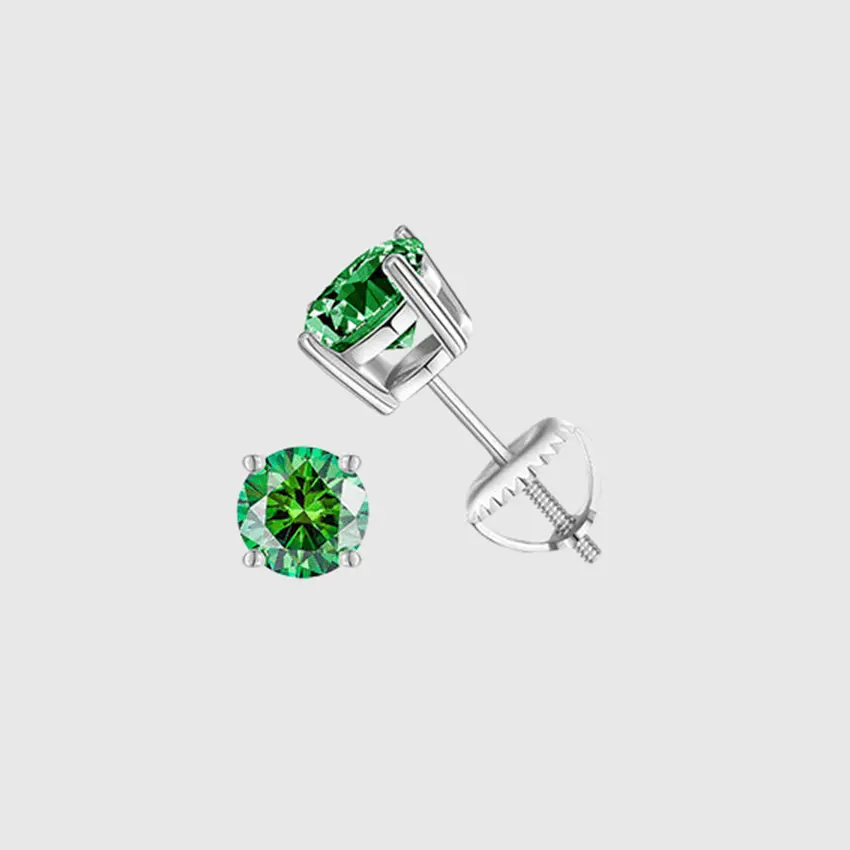 GREEN VVS ROUND 1CT EARRINGS - White Gold Vermeil