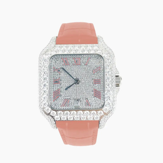 Moissanite 40mm Pink Leather Band Automatic Watch