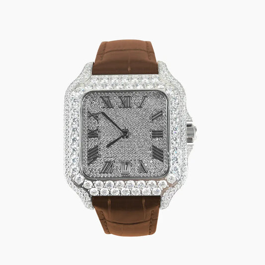 Moissanite Half Iced Brown Croco Leather Band Bezel 9.6ct Watch